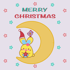 Cute Christmas card. Cute Christmas animal. Star background. Happy cute bunny holding red star, sitting on moon, Cute rabbit cartoon character smile doodle vector illustration design.