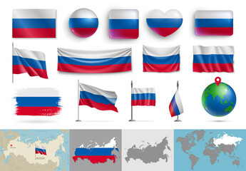 Russia flags of various shapes and geographic map set. Realistic waving Russian flag, table flag, glossy 3d buttons, highly detailed map and globe with location pin vector illustration