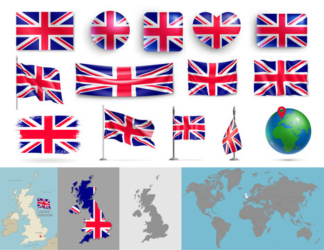 Set of UK flags of various shapes and maps. Realistic waving British flag on pole, table flag, glossy buttons and highly detailed map, globe with identification of United Kingdom vector illustration