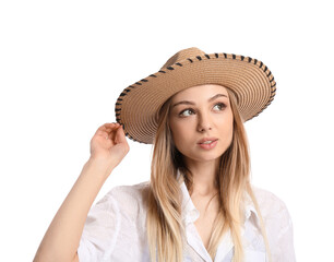 Young woman with wicker hat looking away on white background, closeup