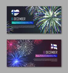 Set of greeting cards for Finland Independence Day. Happy Finnish national holiday invitation, flyer, poster, background with festive fireworks realistic vector illustration