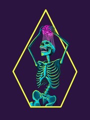 Spooky Neon Skeleton Removing Brain  - obrazy, fototapety, plakaty