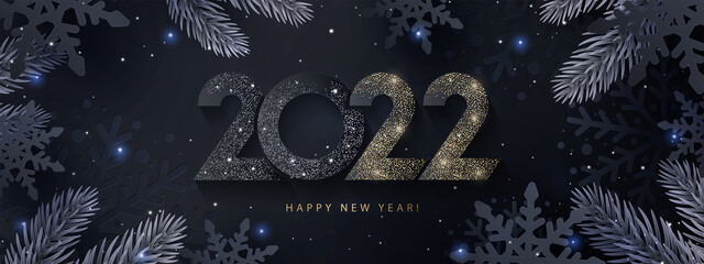 Happy New Year 2022 beautiful sparkling design of numbers on Dark elegant background with frame made of black snowflakes in paper cut style, beautiful fir branches and shining glitter. Minimal design.