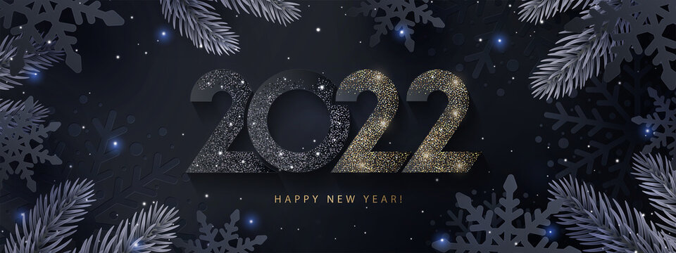 Happy New Year 2022 beautiful sparkling design of numbers on Dark elegant background with frame made of black snowflakes in paper cut style, beautiful fir branches and shining glitter. Minimal design.