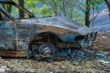 Fototapeta na wymiar Burnt Car Post Woolsey Fire, Los Angeles California Wildfire 