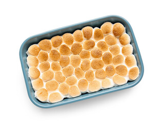 Baking dish with tasty S'mores dip on white background