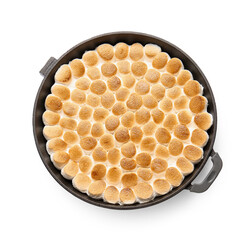 Frying pan with tasty S'mores dip on white background