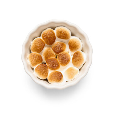 Ramekin with tasty S'mores dip on white background