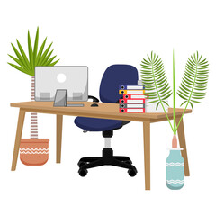 Desk with modern wooden chair and table with beautiful design with 3d view with some paper pile file folders pc computer with house plants