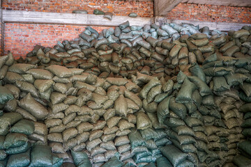 Mountains of sack goods piled up in the chemical warehouse