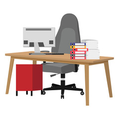 Desk with modern wooden chair and table with beautiful design with 3d view with some paper pile file folders pc computer with cabinet drawer