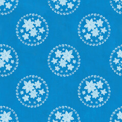 Floral seamless pattern. Gouache painting Floral round wreath from blue flowers on textured blue background. Vintage Template for design, textile, wallpaper, bedding, ceramics.