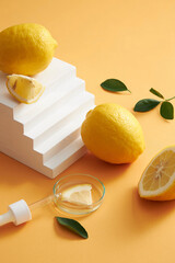 Lemon and sliced lemon in white stairway , green leaf and a petri dish for adversing , photography...
