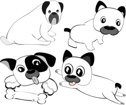 set of dogs ,puppy dog 4 designs black and white bone vector illustration cute pet