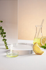 Blank space with transparent podium with test tube in color background , green leaf , sliced...