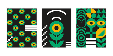 Bauhaus geometric design with eyes elements. Primitive modern shapes and forms. Vector interior posters, covers, banners.