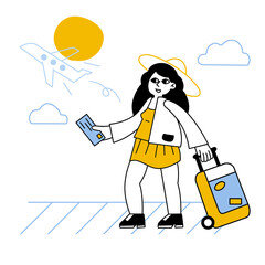 Woman at airport. Luggage and baggage. Ticket in hand. Outline cartoon isolated on white. Female character goes on vacation. Departure and arrival