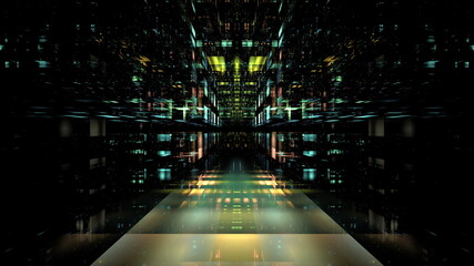 Hi tech digital interior Abstract data center server, business technology blured Polygonal geometric cyberpunk space, 3D render