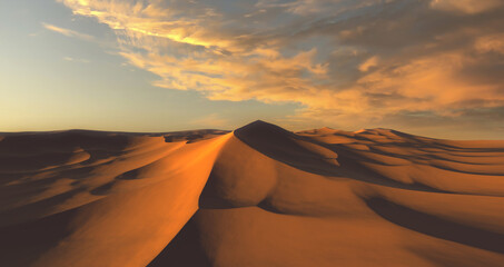 Fototapeta na wymiar Panorama of sand dunes Sahara Desert at sunset. Endless dunes of yellow sand. Desert landscape Waves sand nature