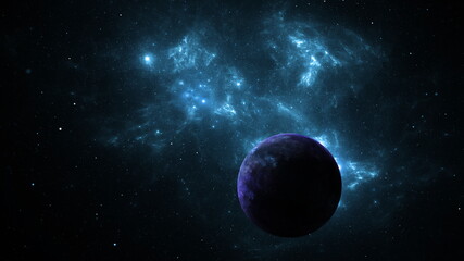 Naklejka na ściany i meble Planet in galaxy star clusters, colored gas clouds in abstract space. Outer space. Space nebula. 3d render