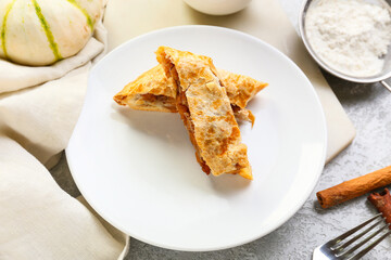 Plate with pieces of tasty pumpkin strudel on light background