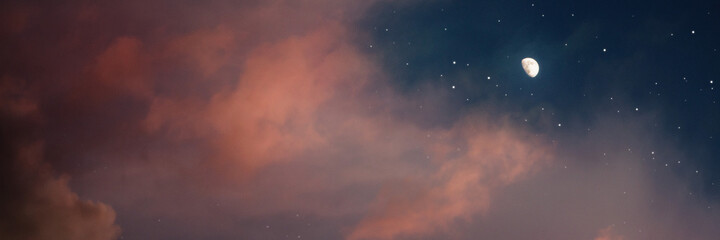 Pink Night Sky With Stars & Moon