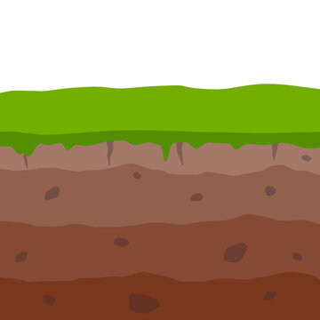 Land in the section. Underground background. Geological layer. Archaeological scenery. Brown ground. Dirt clay and green grass. Vector cartoon