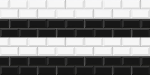 Black and white Subway tile seamless pattern. Wall with brick texture. Vector geometric background design