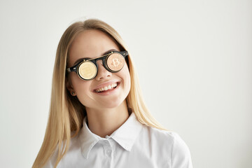 cheerful woman Bitcoin glasses isolated background