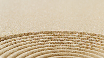 Fototapeta na wymiar Pattern in Japanese Zen Garden with close up concentric circles on sand Aesthetic minimal
