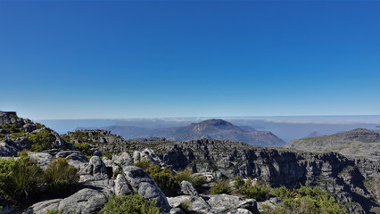 At the top of Table Mountain in Cape Town there is scant vegetation, gray boulders. Clear blue sky. A sunny summer day. South Africa