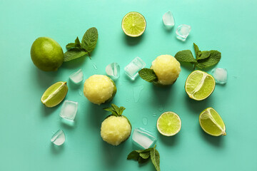 Tasty ice creams in lime peels on color background
