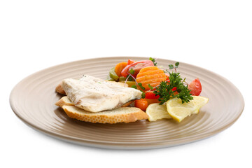 Plate of tasty sea bass fish with vegetables on white background