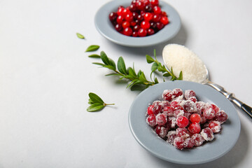 Composition with plates of delicious cranberry on white background