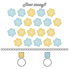A game for preschool children. Count as many snowflakes of the same color as possible in the picture.
