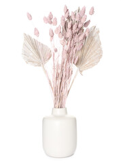 Vase with bouquet of beautiful dried flowers on white background