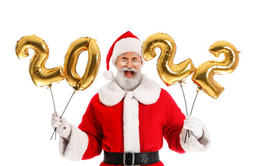 Santa Claus with air balloons on white background. New Year 2022 celebration