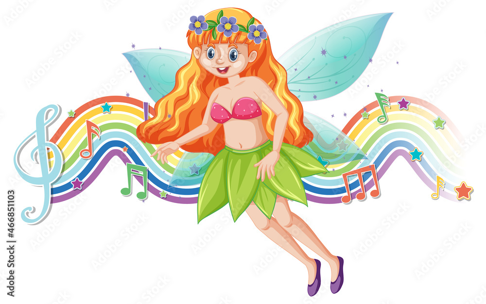 Poster cute fairy cartoon character with melody rainbow wave