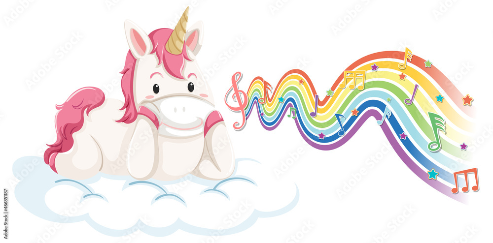 Sticker Unicorn standing on the cloud with melody symbols on rainbow wave