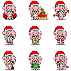 vector cartoon character set mascot costume pig cute christmas bundle