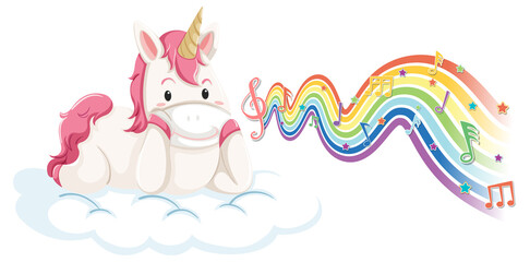 Unicorn standing on the cloud with melody symbols on rainbow wave