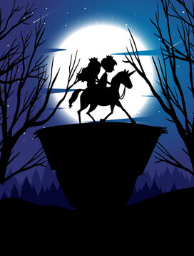 Silhouette prince and princess with full moon background