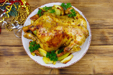Baked whole chicken with potato and Christmas decorations on a wooden table. Top view