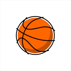 Basketball ball drawn in flat childish style, color image with black outline. Isolated vector illustration
