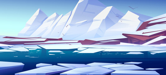 Arctic landscape with white mountains and glaciers floating in sea. Vector cartoon illustration of northern nature scene with snow on rocks and melting ice on water surface