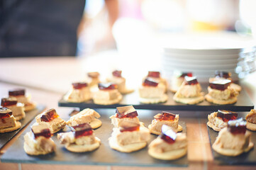 Tasty desserts served on boards