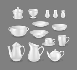 Realistic white glossy dishes set. 3d ceramic crockery, dishware mockup template