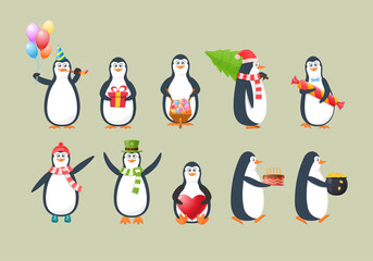 Obraz premium Funny childish penguin set. Adorable penguins wearing winter clothing, carrying gifts and flowers