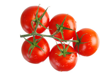 A bunch of five red tomatoes on a branch. Isolated on white.