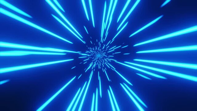 Loopable: Interstellar flight with rotation at warp speed, space jump through blue hyperspace. Abstract space background.